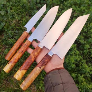 Elmax Steel Custom Chef Knife, Unique Japanese Kitchen Knives, Amboyna Burl Handle Gyuto Santoku Kiritsuke Petty options, Personalized Gift