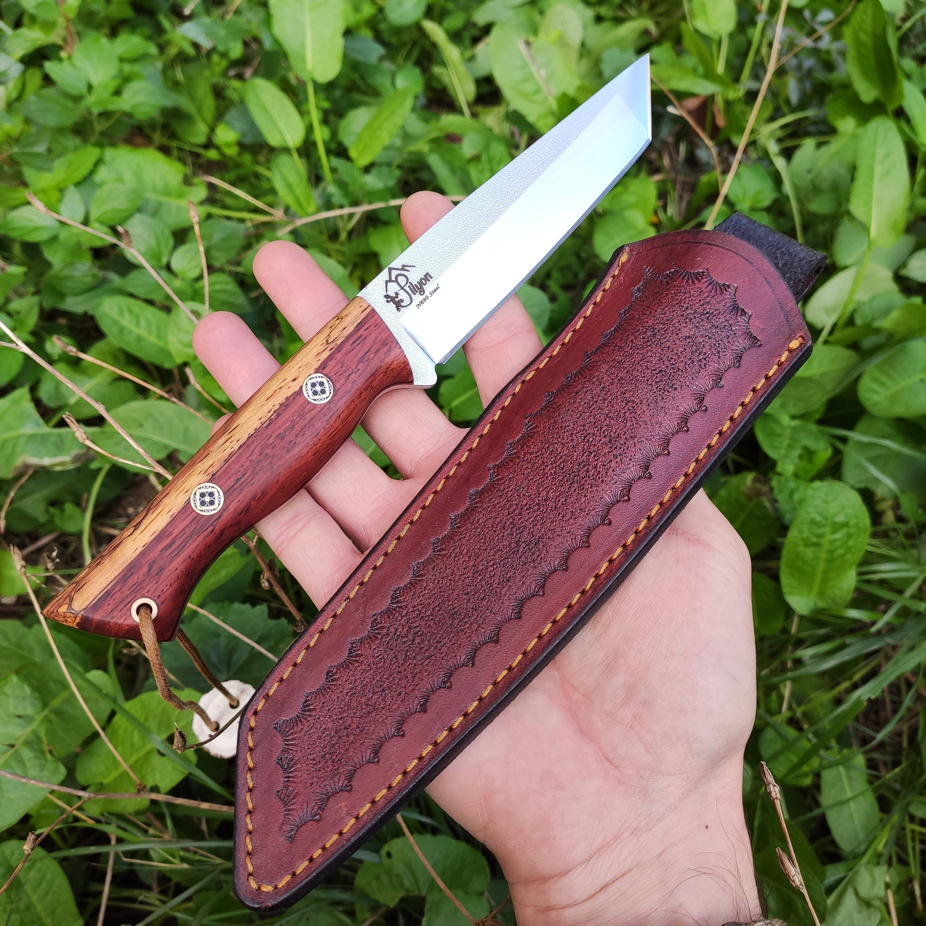 Full Tang Japanese Tanto Knife With Leather Sheath, Wood Handle