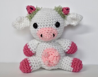 Crocheted Strawberry Cow Plushie: Handmade Acrylic Yarn Stuffed Animal