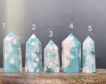 Green Flower Agate Tower: Calming Cherry Blossom Crystal Point