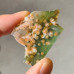 May include: A green and white agate stone with a unique pattern of small, round, pink and white inclusions. The stone is irregularly shaped and has a rough texture.