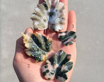 Carved Ocean Jasper Leaf: Green & Pink Healing Crystal, Heart Chakra