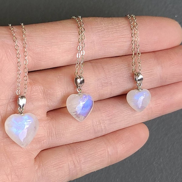 Blue Moonstone Heart Pendant, Rainbow Moonstone Puffy Heart, New Beginning Crystal, Feminine Energy, Solar Plexus Chakra, Self Care Crystal