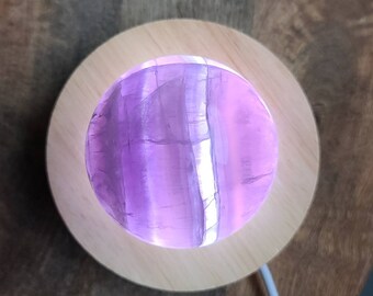 Purple Fluorite Sphere: Cleansing Crystal with Lighted Wood Stand