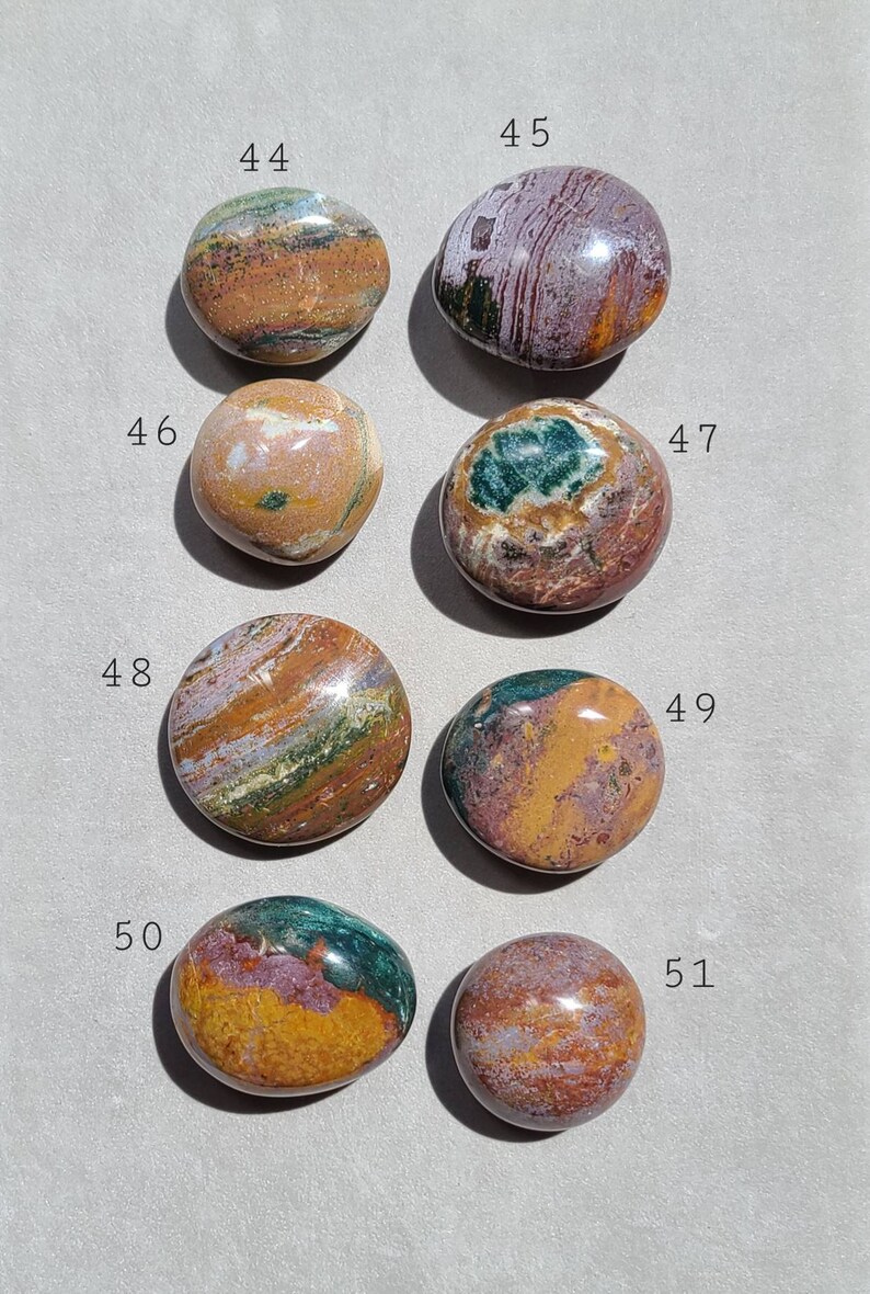 Pu&ograve; includere: Sette pietre levigate di forma ovale con diversi motivi di marrone, verde e bianco. Le pietre sono numerate da 44 a 51.