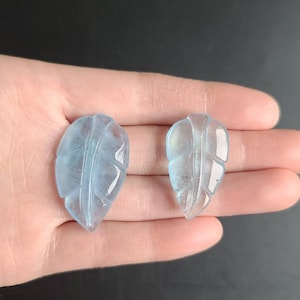 Peut inclure: Deux pendentifs en forme de feuille d'aigue-marine bleu clair. Les pendentifs sont sculptés dans de l'aigue-marine et ont une apparence translucide et vitreuse.