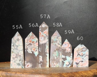 Pink Flower Agate Tower: Calming Green Chakra Crystal Point
