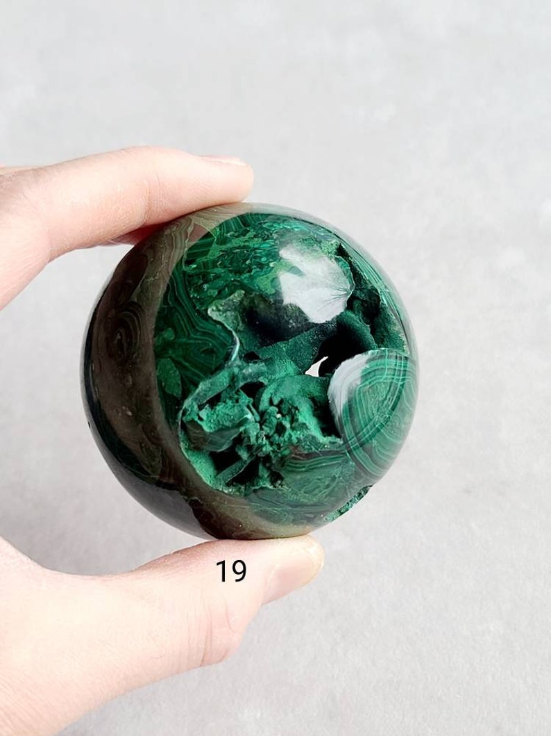 Malachite Druzy Sphere, Malachite Palm Stone, Healing Heart Chakra, Cleansing Crystal, Green Chakra Sphere, Dendritic Malachite Sphere image 6