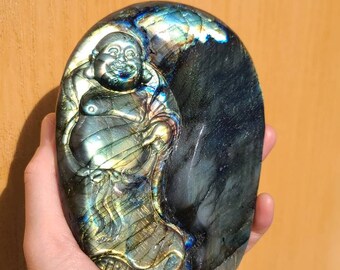 Carved Labradorite Laughing Buddha: Transformation Crystal