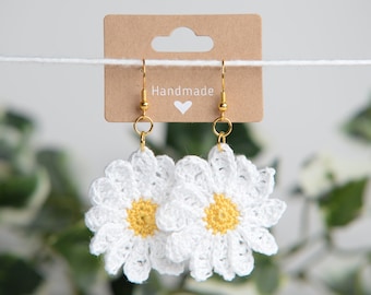 Handmade Crochet White Daisy Earrings - Gold and Silver Plated Jewelry