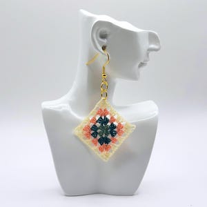 Handmade Crochet Granny Square Earrings – Cream, Pink, Blue & Green Vintage-Inspired Boho Jewelry