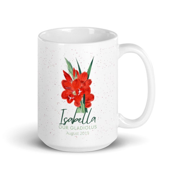 Personalized August Birth Month Flower Mug with Vintage Gladiolus Design - free digital print of your choice with purchase
