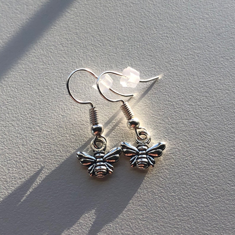Silver Bee Earrings Hook with rubber backing