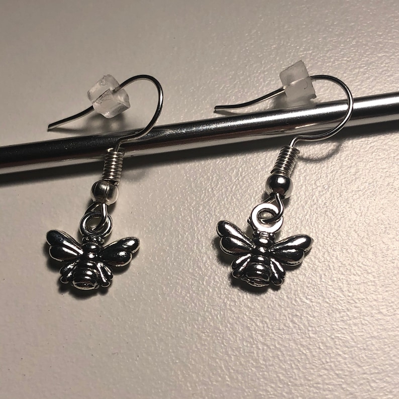Silver Bee Earrings Hook with rubber backing