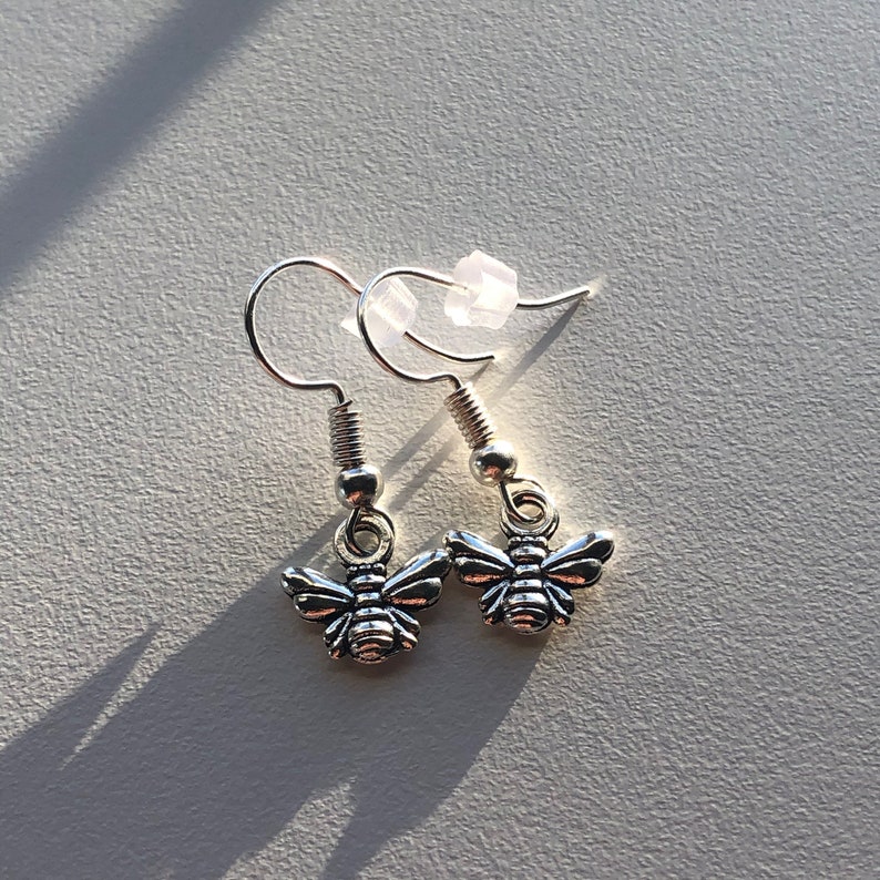 Silver Bee Earrings Hook with rubber backing