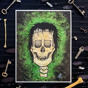 Green Skull, 6 by 9 Inch, Art Print, Stitched Skull