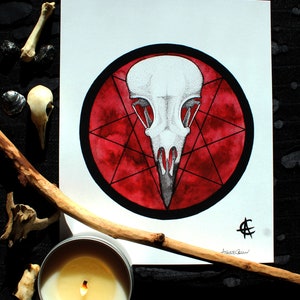 Dark Raven Skull Watercolor and Ink Art Print- &quot;Summoning the Raven&quot;