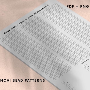 Op de afbeelding: Een wit grafiekpapier voor peyote steek armbanden, met een rasterpatroon voor kralenwerk ontwerp. Het papier bevat de tekst "Graph paper for peyote stitch 20 mm bracelet", "PDF + PNG", en "NOVI BEAD PATTERNS". Er is ook een kleurensleutel aanwezig.