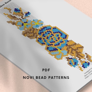 Peyote bracelet wide Pattern PDF Blue floral seed bead armband Delica 11/0 beading chart