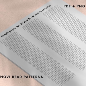 May include: A sheet of graph paper for a 20 mm loom stitch bracelet. The paper is white with a grid pattern and the text "Graph paper for 20 mm loom stitch bracelet", "PDF + PNG", and "NOVI BEAD PATTERNS".