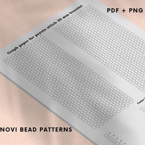 May include: A grayscale graph paper for peyote stitch 25 mm bracelet. The paper features a grid pattern for beadwork design. Text on the paper includes "Graph paper for peyote stitch 25 mm bracelet", "PDF + PNG", "Color key", and "NOVI BEAD PATTERNS".