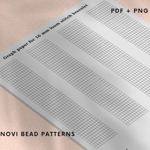 May include: A sheet of graph paper for a 16 mm loom stitch bracelet. The paper is white with a grid pattern and the text "PDF + PNG" in the upper right corner. The text "NOVI BEAD PATTERNS" is at the bottom.