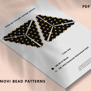 May include: A PDF pattern for polka dot triangle earrings. The design features two black and gold triangle patterns. The color key lists DB 0010 Black and DB 1832 Duracoat Galvanized Gold. The text "NOVI BEAD PATTERNS" is at the bottom.