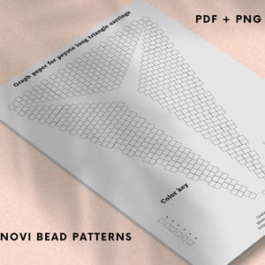 May include: A white graph paper for peyote long triangle earrings. The paper includes a pattern of small squares, a color key, and the text "PDF + PNG". The text "NOVI BEAD PATTERNS" is also visible.