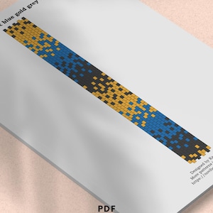 May include: A PDF document featuring a bead pattern design for a bracelet. The pattern displays a rectangular design with blocks of gold, blue, and black colors. The text "NOVI BEAD PATTERNS" is visible at the bottom of the page.