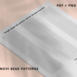 May include: A white graph paper sheet for peyote stitch 16 mm bracelet design. The paper features a grid pattern for beadwork, with the text "Graph paper for peyote stitch 16 mm bracelet" and "NOVI BEAD PATTERNS". The top right corner has the text "PDF + PNG".