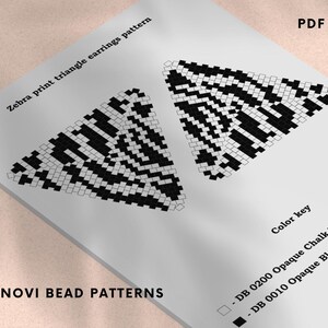 May include: A PDF document showing a zebra print triangle earrings pattern. The design uses black and white beads, with a colour key indicating opaque chalk white and opaque black. The text "NOVI BEAD PATTERNS" is visible.