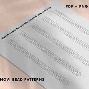 May include: A grey graph paper sheet for peyote stitch 4 mm bracelet patterns. The sheet features multiple rows of grid patterns, with the text "Graph paper for peyote stitch 4 mm bracelet" and "NOVI BEAD PATTERNS".