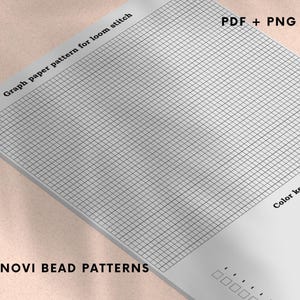 May include: A white graph paper pattern for loom stitch with a grid design. The text "Graph paper pattern for loom stitch" is at the top, and "PDF + PNG" is in the upper right corner. The text "NOVI BEAD PATTERNS" is at the bottom.