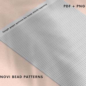 May include: A gray graph paper pattern for loom stitch tapestry with a grid design. The text "Graph paper pattern for loom stitch tapestry" is printed at the top. The text "PDF + PNG" is printed in the upper right corner. The text "NOVI BEAD PATTERNS" is printed at the bottom.