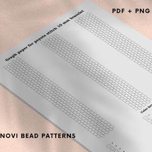 May include: A white graph paper for peyote stitch 10 mm bracelet design. The paper includes several rectangular grids for beadwork patterns, a color key, and the text "PDF + PNG". The text "NOVI BEAD PATTERNS" is also visible.