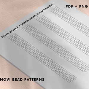 May include: A white sheet of graph paper with a grid pattern for creating peyote stitch bracelets. The text "Graph paper for peyote stitch 8 mm bracelet" is printed at the top. The words "PDF + PNG" are also visible. The bottom of the paper reads "NOVI BEAD PATTERNS".