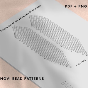 May include: A white sheet of graph paper with a grid pattern for brick stitch earring designs. The text "Graph paper for brick stitch earrings" and "NOVI BEAD PATTERNS" are visible. The top right corner has the text "PDF + PNG".