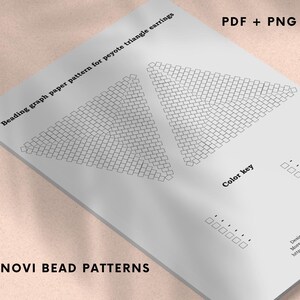 May include: A white paper with a beading graph pattern for peyote triangle earrings. The design includes two triangle patterns, a color key, and the text "PDF + PNG". The bottom of the paper reads "NOVI BEAD PATTERNS".
