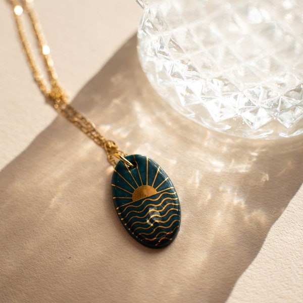 Art Deco Bottle Green Pendant | Golden Sun Dusk over Sea | Geometric Oval Medallion | Handcrafted Porcelain & Gold | 2.5x1.5 cm