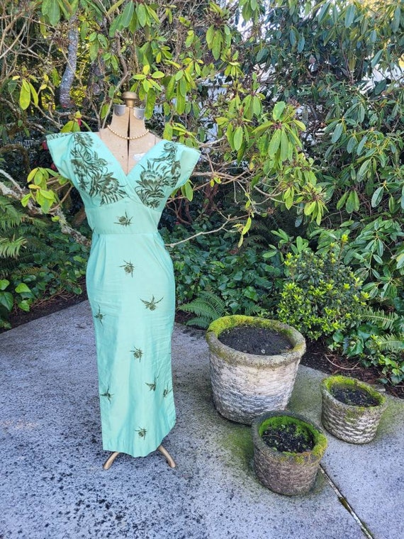 Vintage 1950s Sage Green Floral Maxi Dress By Hawa