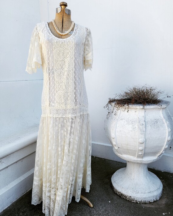 Vintage 1980s Dress- Lace Drop Waist Dress By Jess
