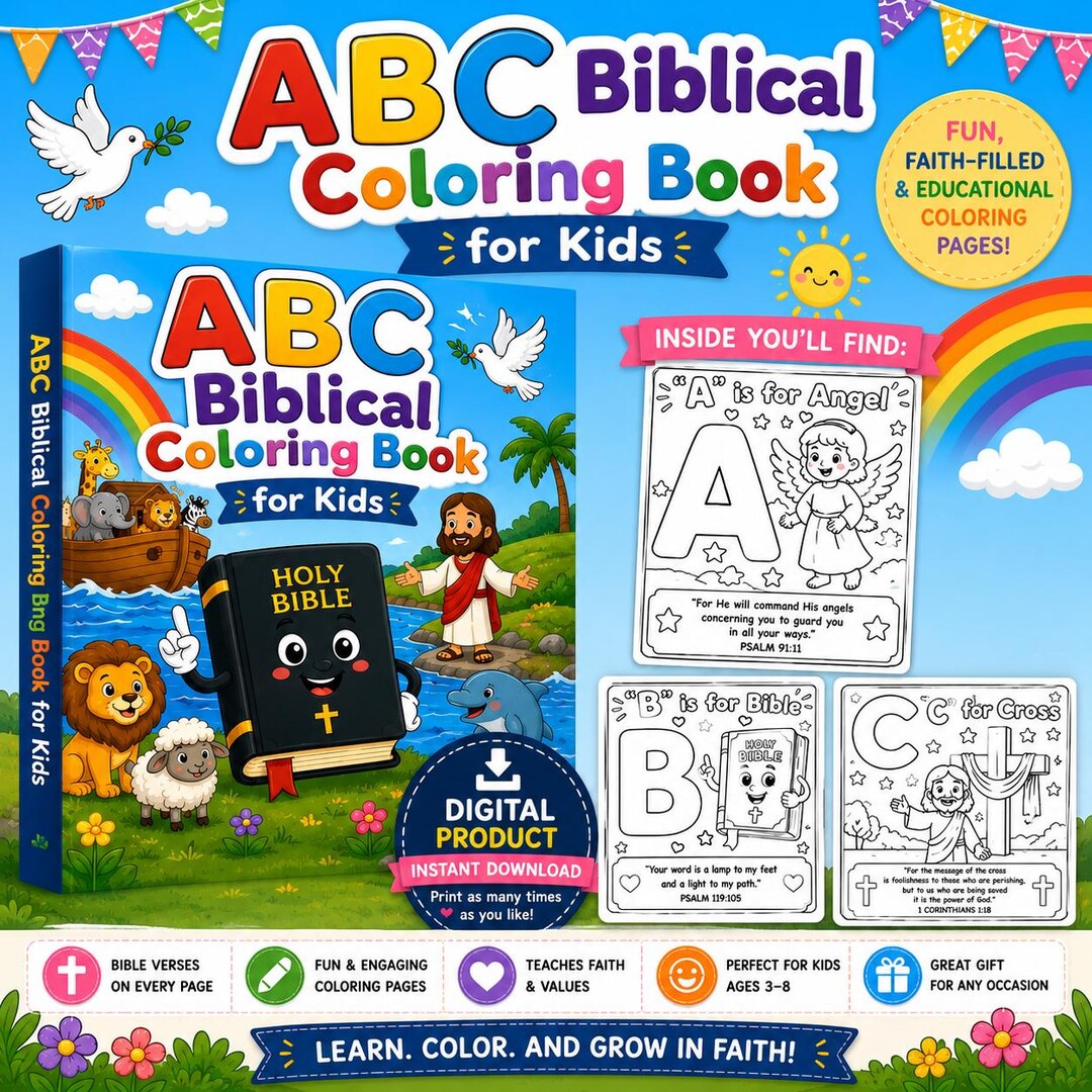 26 ABC Biblical Coloring Pages With Bible Verses for Kids - Etsy