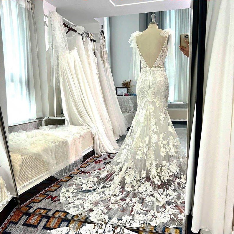 Sleeveless Plunging Neck 3D Lace Designer Mermaid Wedding Dress