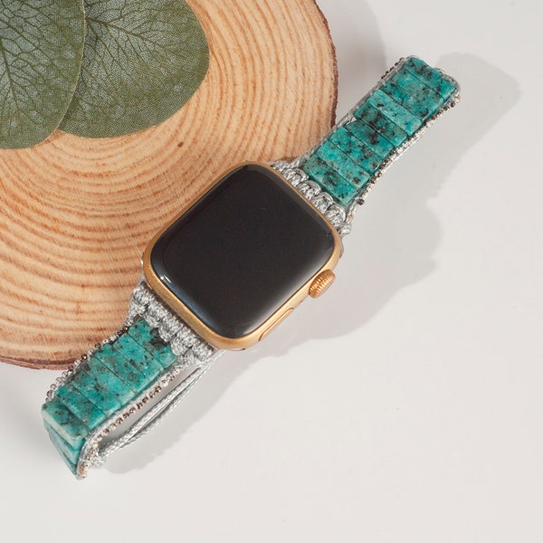 Blue Sesame Stone Apple Watch Strap, Handmade Bohemian Watch Band, Healing Gemstone Watch Band, Leather Strap, Watch Bracelet for Woman, Her