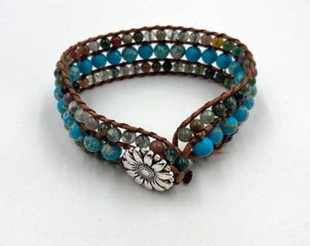 Sea Sediment Jasper Beaded Bracelet, Braided Vegan Leather Wrap