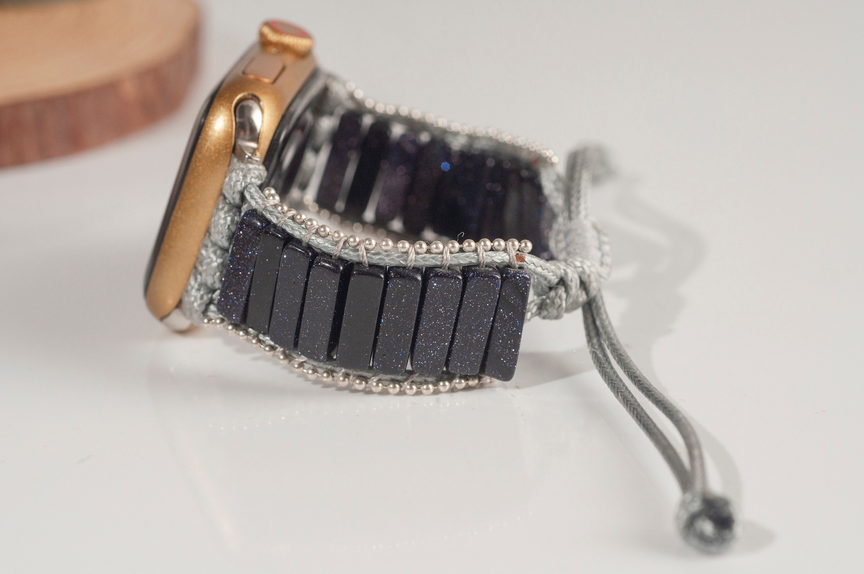 Blue Goldstone Apple Watch Band, Bohemian Leather Strap, Healing Gemstone Bracelet