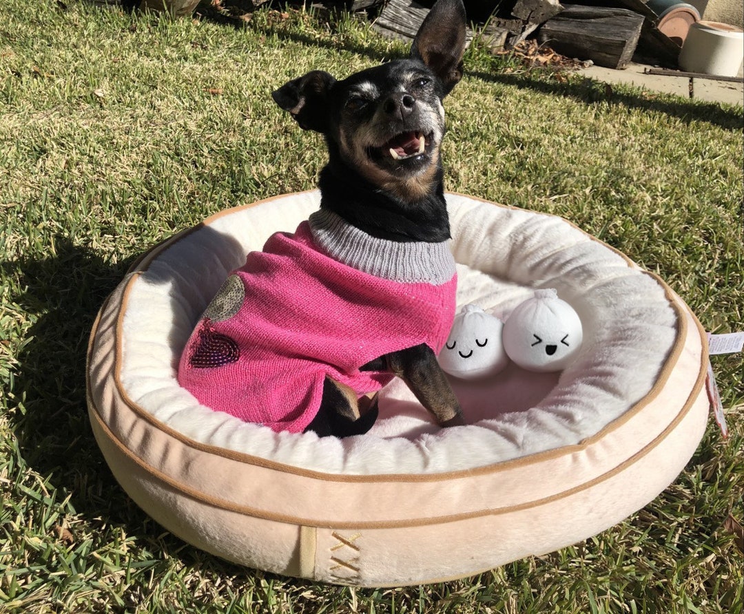 Soft Plush Cute and Cozy Dim Sum Dog Cat Bed, 2 Crinkle Dumpling Toys