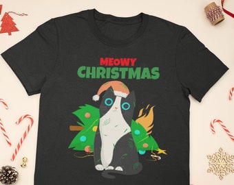 Meowy Christmas Cat T-shirt | Jult-shirt | Kortärmad katt-t-shirt med högtidlig design | Rolig t-shirt | Gåva