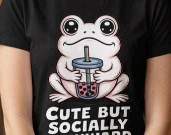 Socially Awkward Frog Shirt | Cute Boba Tea Froggy Tee | Funny Introvert Women's Shirt | Aesthetic Cottagecore Frog Top | Kawaii Animal Gift