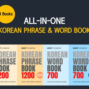 Puede incluir: Cuatro portadas de libros con el título "Korean Phrase & Word Book" en texto negro sobre un fondo azul oscuro. Las portadas son amarillas, naranja, azul claro y azul. Los libros contienen más de 1200 frases coreanas y más de 700 palabras coreanas.